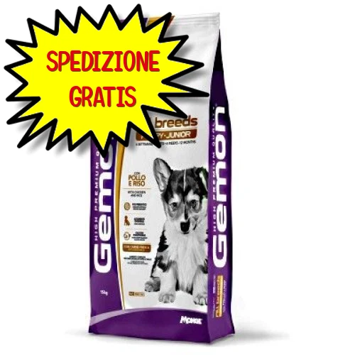 GEMON CANE CROCCHETTA ALL BREEDS PUPPY JUNIOR POLLO E RISO 15 KG OF - Immagine 1 di 1