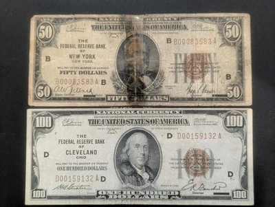 Lot Two (2) - 1929 Federal Reserve Bank Notes $100 Cleveland Ohio $50 New York - Image 1 of 4