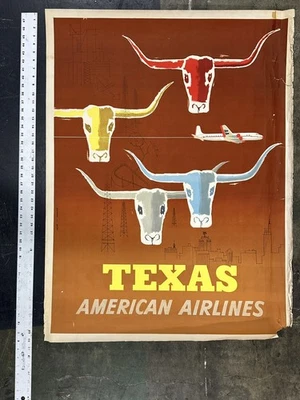 Vintage American Airlines Texas Travel Poster Longhorn Oil Rigs Art Tourism - Image 1 of 4