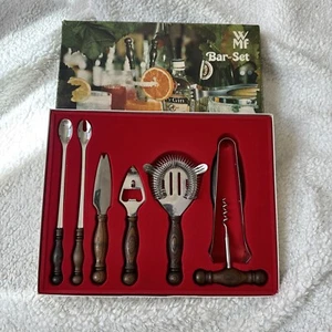 Vintage 7 Piece Bar Set Wood Handles Germany Retro MCM WMF Burgund Cocktail Tong - Picture 1 of 9