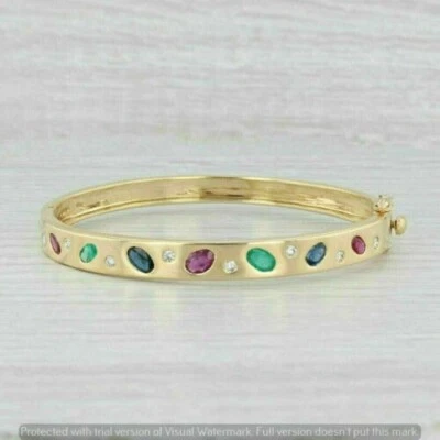 Oval 5Ct Lab Created Ruby & Multi Color Gemstone Bangle 14K Yellow Gold Finish - Image 1 of 4