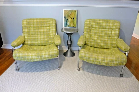 Pair of Swedish Chrome Lounge Chairs Vintage Broderna Anderssons Yellow Plaid Cover