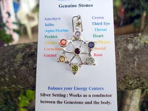 Merkaba Chakra Pendant-Genuine Gemstones-Amethyst-Iolite-Aqua Marine Peridot - Picture 1 of 5