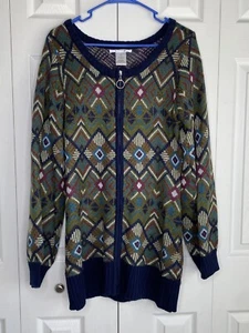 K. Jordan Cardigan Sweater Women's Zipper Front Tunic Multi Color Geometric Sz M - Picture 1 of 3
