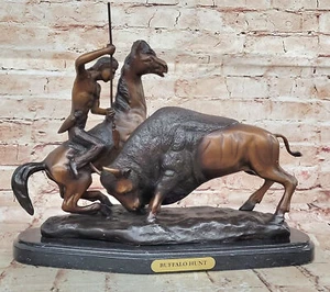 Buffalo Hunt" Collectible Solid Bronze Sculpture Statue By Remington Figure Deal - Picture 1 of 10