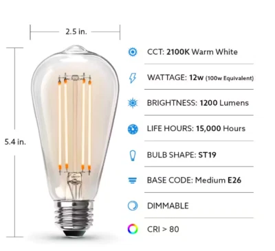Feit 4 Pack ST19 Bulbs 12W Equivalent to 100W Clear Warm LED 1200 Lumens ST 19 - Image 1 of 4