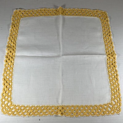 "Pañuelo/pañuelo/pañuelo blanco vintage borde de ganchillo amarillo 14"" X 13,5""" Foto 1 de 4