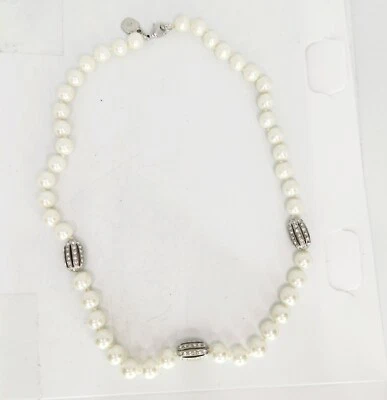 Ralph Lauren Glass Pearl Necklace Silver Tone Rhinestone Accent Beads Elegant  - Image 1 of 4