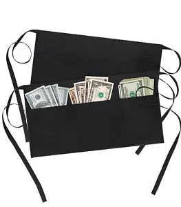 2 Pack Waitress Apron With 3 Pockets Black Server Aprons Waiter Short Half Waist - Picture 1 of 7
