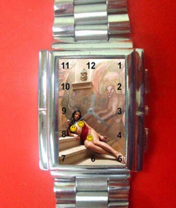 BEAUTIFUL 1970s KITSCH SEXY LADY CAMP ART STAINLESS STEEL RECTANGULAR 35mm WATCH - Picture 1 of 2