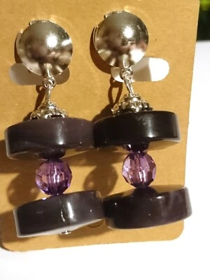 Ohrclips Clips aubergine lila marmoriert Kunstnugget Scheibe silberf ca 5 cm - Bild 1 von 2