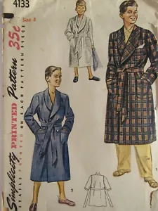 Fab VTG 50s SIMPLICITY 4133 Boys Robe in 2 Versions & Tie Belt PATTERN 8/26C - Picture 1 of 4