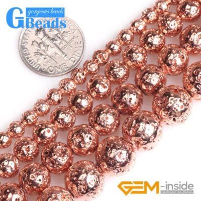 Cuentas redondas de roca de lava volcánica recubiertas de oro rosa para hacer joyas de 15"" GB Foto 1 de 4