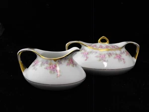 LIMOGES FRANCE ELITE  WORKS ROSE BRIDAL CREAM AND SUGAR BOWL WITH LID - Picture 1 of 3