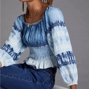 Pilcro Peasant Crop Top Off Shoulder Smocked Boho Chambray Puff Sleeves Size Med - Picture 1 of 14