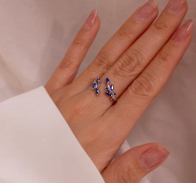 Anello di fidanzamento in argento sterling 925 taglio marchesa zaffiro blu... - Immagine 1 di 4