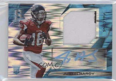 2015 Panini Spectra Neon Blue Prizm /50 Justin Hardy RPA Rookie Patch Auto RC - Image 1 of 2