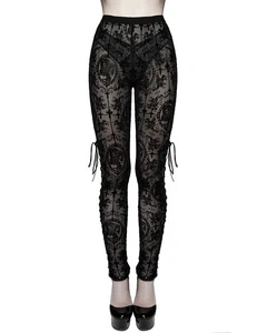 Devil Fashion Womens Gothic Leggings Black Flock Velvet Mesh Lace Up Skull Cross - Picture 1 of 24