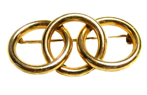 50S RONCI 1/20TH 12K GF BROOCH 3 RINGS MID CENTURY MODERN JEWELRY 2" LAPEL PIN - Picture 1 of 6
