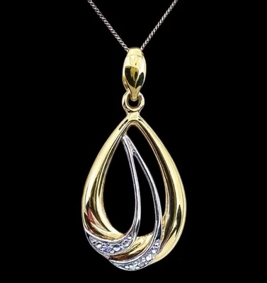 Подвеска 9 карат с бриллиантами каплевидная 2x бриллиант 2 цвета золото с клеймом дополнительная цепочка - Изображение 1 из 4