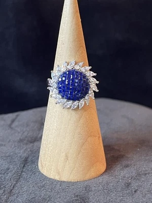 Simulated White & Blue Diamond Sunburst Ring in Rhodium / Sterling Silver 7 - Image 1 of 4