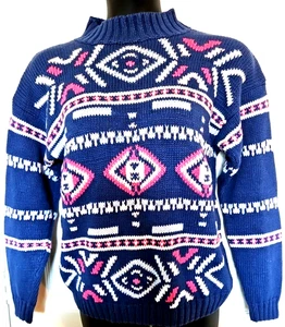 VTG Nuovo Womens Large Blue Cotton Blend Knit Sweater Aztec Tribal Southwestern - Picture 1 of 5