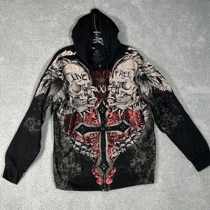 Y2K CJ Black Men’s Small Xzavier Full Zip Hoodie Skulls Live Free Cross - Picture 1 of 8