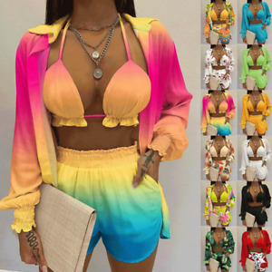 3-piece Bikini Set Schwimmanzug Badeanzug Tops Strand High Waist Short BHs shirt