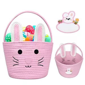 Easter Bunny Basket for Kids with Name Tag Pink Small Woven Easter Basket for... - Picture 1 of 8