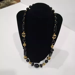 Trifari Signed Black and Gold Bead Necklace Single Strand 12" Vintage Statement - Picture 1 of 5