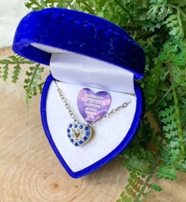 Sapphire CZ Silver Heart Pendant September Birthstone Necklace Blue Velvet Box - Image 1 of 2