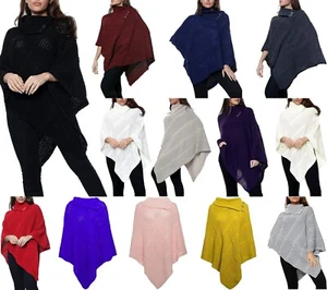 Womens Chunky Cable Knitted 3 Button Poncho Ladies Cape Wrap Shawl Top Jumper - Picture 1 of 12
