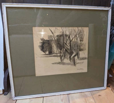 Henry Holzer - Boceto de construcción y árboles - Carbón o lápiz sobre rastro de 12 gms Foto 1 de 4