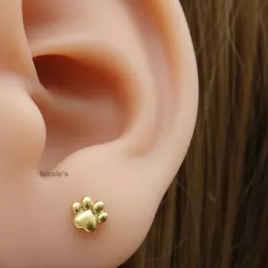 Pair Stainless Steel Dog Paw Print Ear Cartilage Helix Stud Earrings Screw Back - Picture 1 of 4