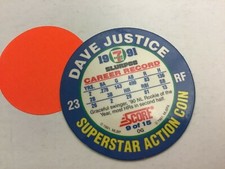 Baseball Score 1991 Slurpee 7-11 Superstar Action Coin Disc DAVE JUSTICE