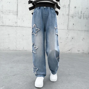 Girl Jeans Denim Pants Wide Leg Long Trousers Ripped Pentagram Star Loose Fit - Picture 1 of 13