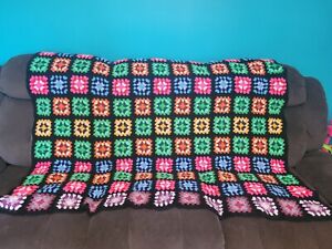 Afghan Crochet Blanket Granny Square Black Roseanne Vintage