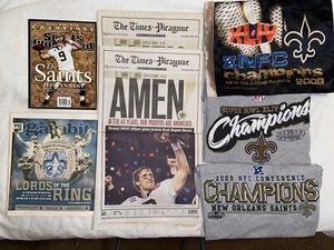 New Orleans Saints Super Bowl Champions ~Lot~2 T-Shirts~3 Newspapers~Car Flag+++ - Picture 1 of 7