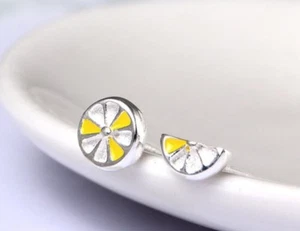 925 Solid Sterling Silver Ear Studs Earrings Assymetric Lemon Lemon Piece - Picture 1 of 4