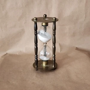 Vintage Brass Blown Glass Hourglass White Sand 15 Minute Timer Original Petina - Picture 1 of 19
