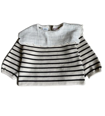 Suéter Zara Niñas Manga Larga Cuello Babero Beige Negro Rayas Talla 9 12 Meses Foto 1 de 4