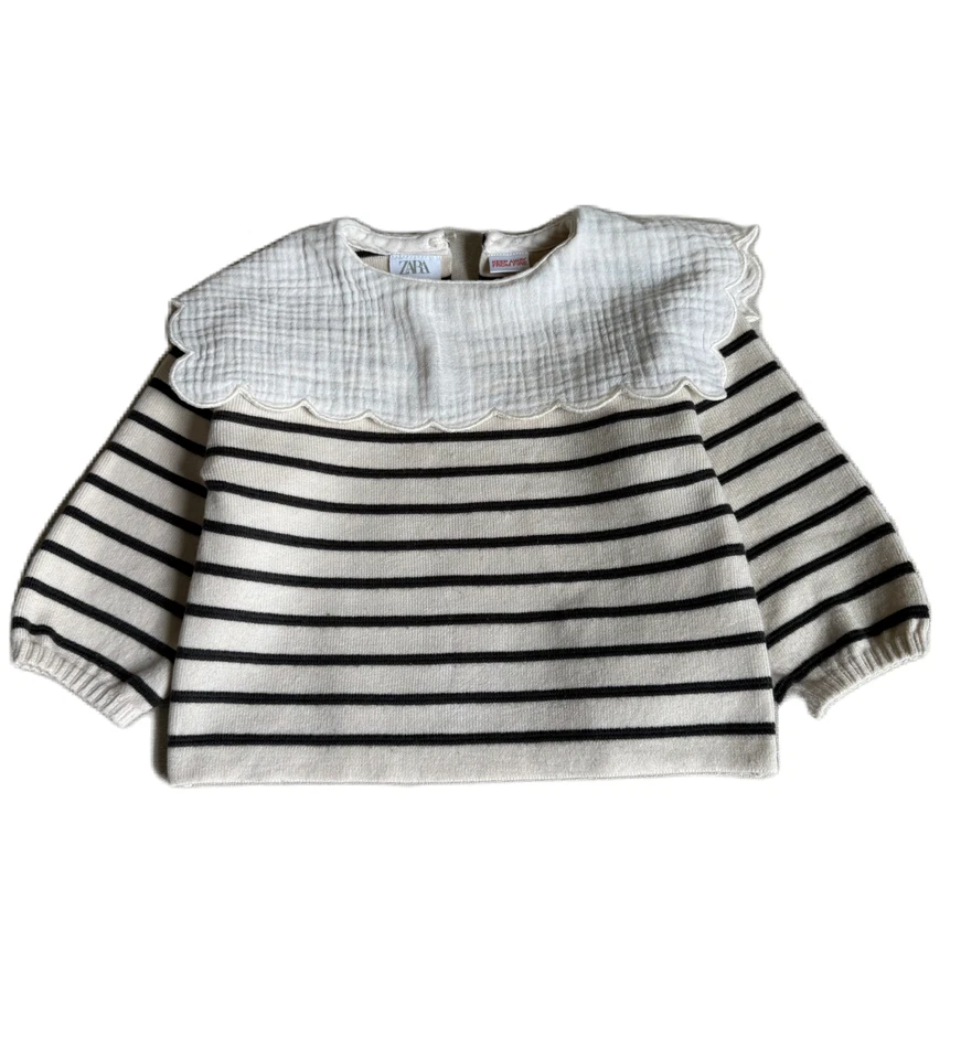 Suéter Zara Niñas Manga Larga Cuello Babero Beige Negro Rayas Talla 9 12 Meses Foto 1 de 4