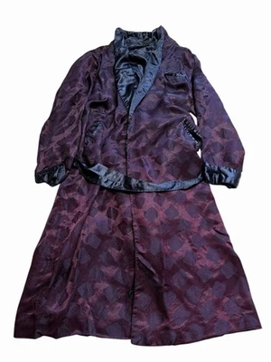 Rayon  M VTG 1940's Burgundy Satin SMOKING ROBE Dressing Gown Long Belted USA - Image 1 of 4