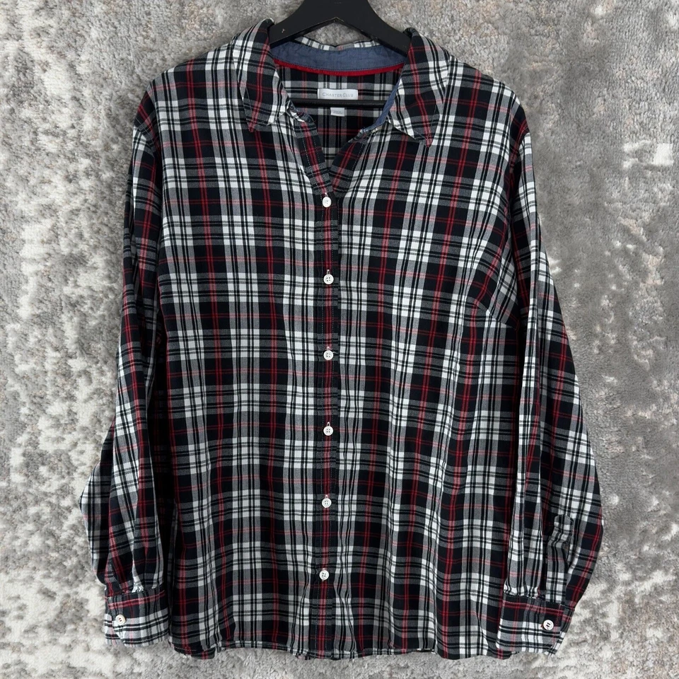 Camisa informal Charter Club para mujer talla grande 3X a cuadros con botones negra roja manga larga Foto 1 de 4