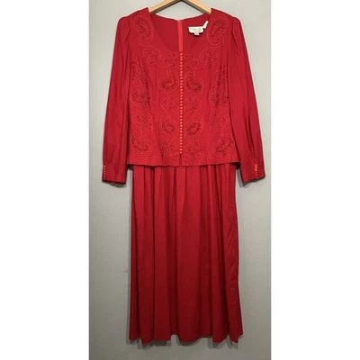 Vestido Vintage Talla 12 Rojo Soutache Bordado Navidad Victoriano Dama Romántico Foto 1 de 4