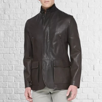 New Men Black Lambskin Genuine Leather Coat Elegant Button n Zipper Design - Image 1 of 4