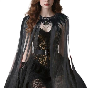 Women's Black Feather Collar Cape Halloween Gothic Witch Cloak Evil Queen Costum - Picture 1 of 12