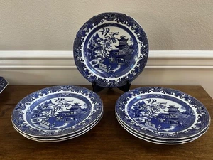 7 PLATOS DE CENA VINTAGE AZUL SAUCE BURLEIGH BURSLEM INGLATERRA BORDE DORADO 10,5" - Imagen 1 de 5