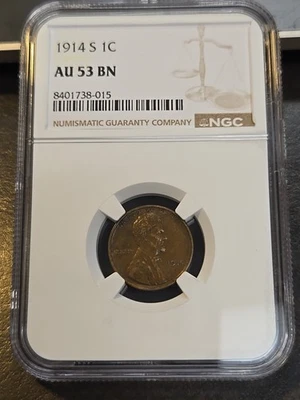 NGC AU-53 AU53 AU 53 BN 1914-S Lincoln One Cent Wheat Penny NICE - Image 1 of 4