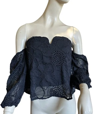 NWT Guess Adrina Off Shoulder Crop Top Sz Small Jet Black Sheer Floral Overlay - Image 1 of 4